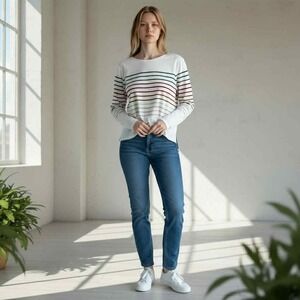 Women's NWOT White Multicolor Striped Long Sleeve Top Casual Tee‎ Size XL